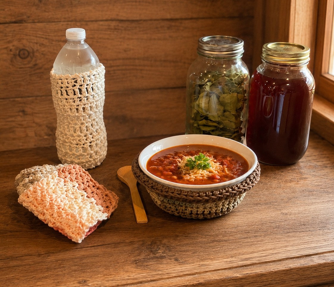Home and Kitchen collection featuring crochet bottle cozy, dishcloth, bowl cozy, and mason jars on a wooden surface